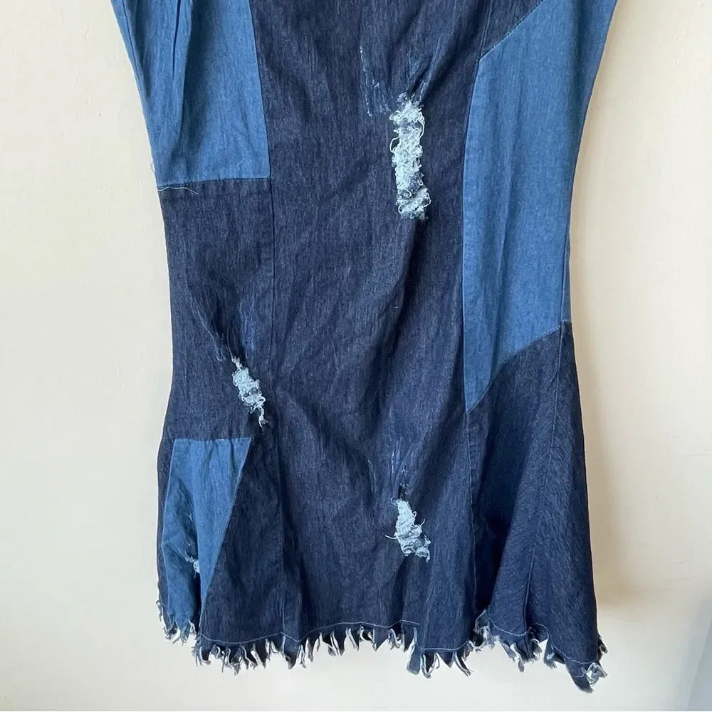 TOUCH ME Patchwork Distressed Denim Jean‎ Maxi Skirt Size large